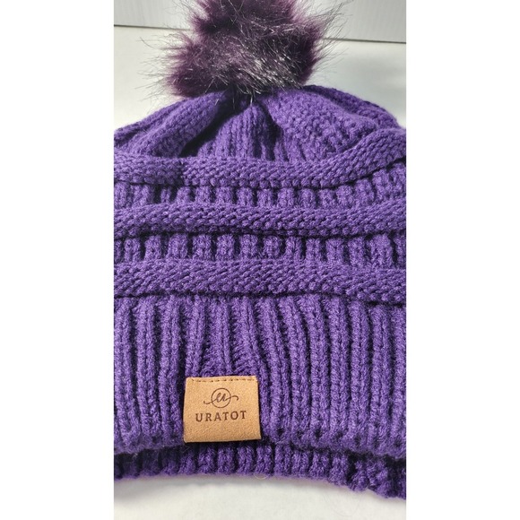 URATOT Purple Knit Beanie Hat Winter Warm Knit Cuffed Pom Pom Cap - Picture 4 of 5